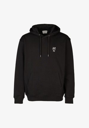 Zwarte hoodie gemaakt van een katoenmix. Voorzien van een voorkant-kangoeroezak en een witte geborduurde design op de linkerborst.
