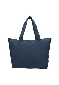 Tummansininen corduroy-kangasta oleva kantokassi, jossa on kaksi leveää kahvaa ja ylhäällä vetoketjukiinnitys, esitettynä yksinkertaista valkoista taustaa vasten.