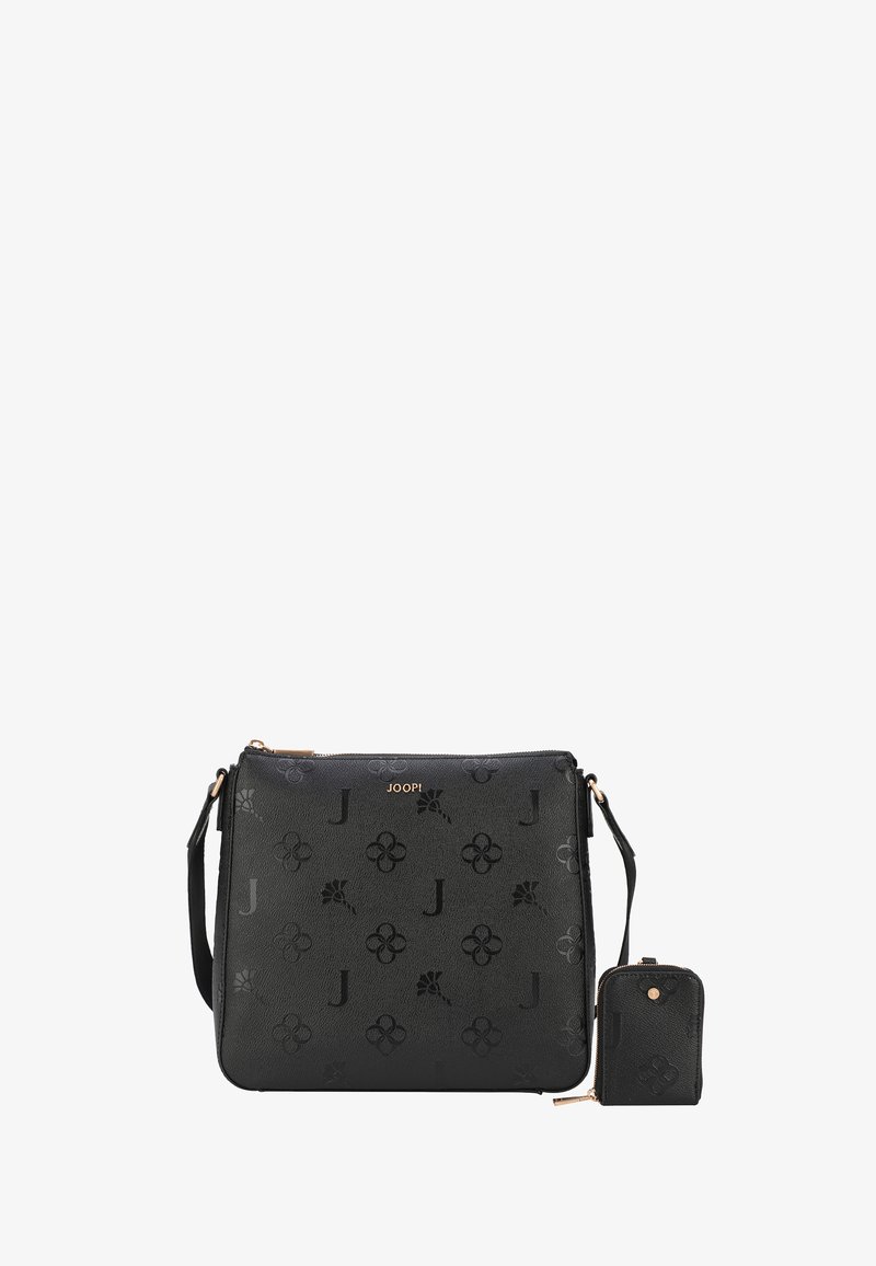 Sac en cuir noir bandoulière avec motifs floraux et lettres en relief, quincaillerie dorée et une petite pochette détachable. Texture lisse.