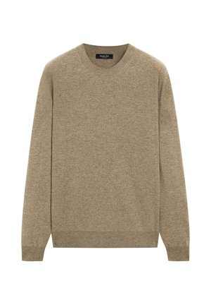 Beige gebreide trui met een ronde hals, lange mouwen en een geribbelde zoom. Gemaakt van een zachte, gestructureerde stof met een effen afwerking.