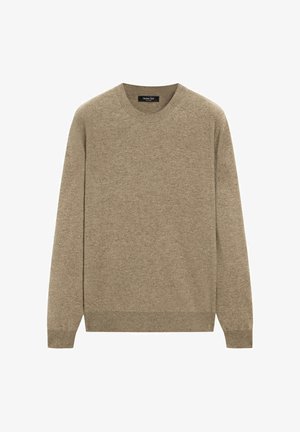 Beige knit sweater featuring a crew neck, long sleeves, and a ribbed hem. Made from soft, textured fabric with a plain finish.