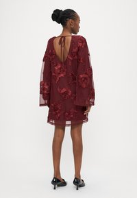 Vīnsarkanā kleita ar ziedu izšuvumiem, caurspīdīgām gar�ām piedurknēm, atvērtām muguras daļām ar aukliņu aizdari un brīvu piegriezumu. Valkāts kopā ar melnām kurpēm ar papēžiem.