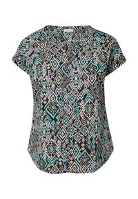 Korte mouw blouse met een zwarte achtergrond en een geometrisch patroon in teal, beige en wit. Voorzien van een ronde hals en een lichte uitloop.