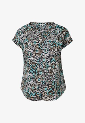 Bluzka z krótkim rękawem na czarnym tle z geometrycznym wzorem w odcieniach teal, beżu i bieli. Posiada okrągły dekolt i lekko rozszerzany krój.