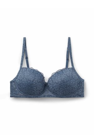 Lace bra in a muted blue color featuring padded cups, adjustable straps, and floral pattern details on both cups and band.