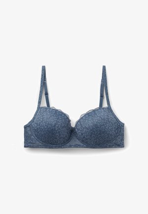 Soutien-gorge en dentelle de couleur bleu atténué avec des bonnets rembourrés, des bretelles réglables et des détails floraux sur les deux bonnets et la bande.