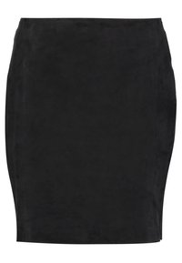 Svart blyertskjol tillverkad av mjukt suéde-liknande material, med en figursydd design utan synliga stängningar eller detaljer. Slät textur genom hela plagget.