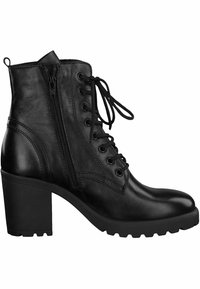 Bottes noires en cuir à hauteur de cheville avec un talon épais, un laçage à l'avant et une fermeture éclair sur le côté. Elles possèdent une texture lisse et une semelle robuste pour une meilleure adhérence.