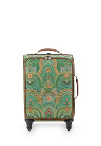 Decorative suitcase with green fabric, floral patterns in orange and pink. Brown accents, a top handle, and multi-directional wheels.