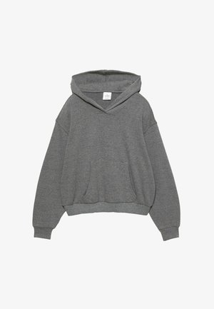 Grauer Kapuzenpullover mit lässiger Passform, V-Ausschnitt, Fronttasche, geripptem Saum und weiten Ärmeln aus weichem Baumwollmischgewebe.