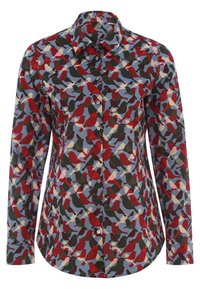 Long-sleeve button-up shirt with red, green, beige, and blue bird pattern on a light blue background.