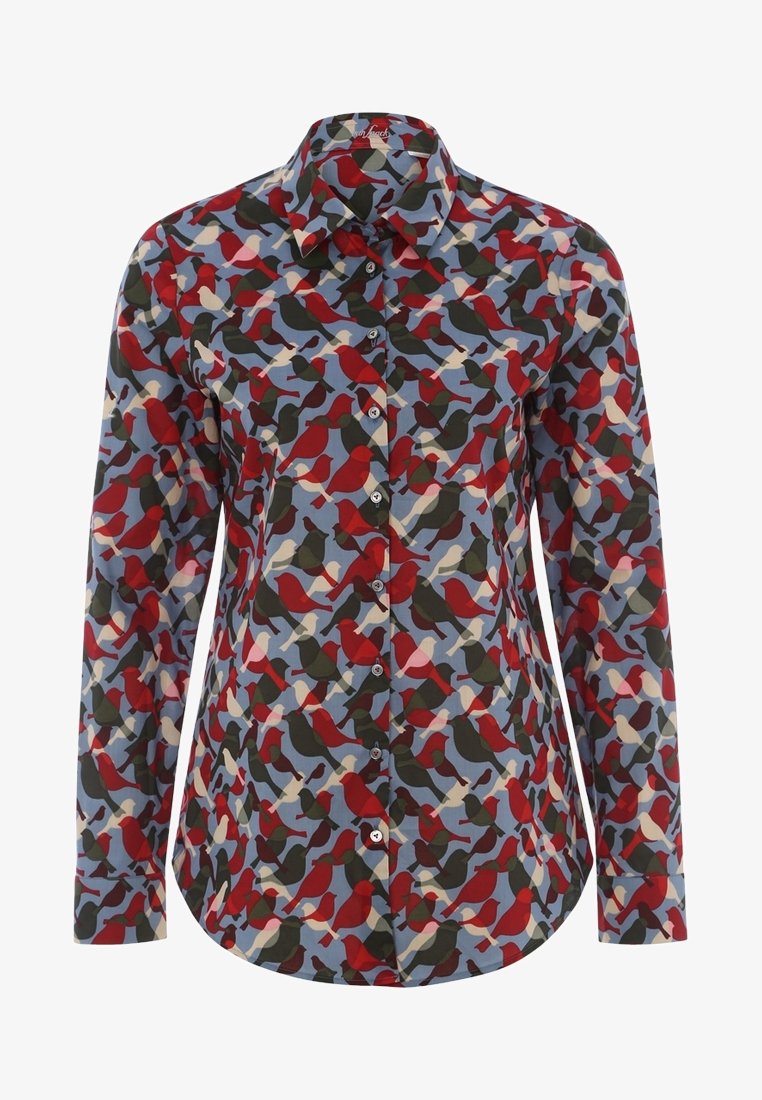 Long-sleeve button-up shirt with red, green, beige, and blue bird pattern on a light blue background.