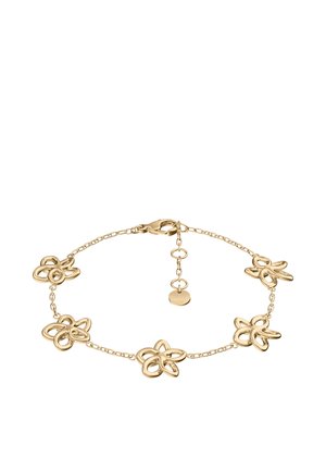 Zarter Goldkettenarmband mit fünf abstrakten blumenförmigen Gliedern und einem Karabinerverschluss mit verstellbarer Verlängerungskette.