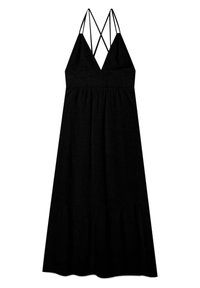 Robe noire sans manches avec un décolleté en V profond, dotée de bretelles croisées, d'un corsage ajusté et d'une jupe évasée à volants.