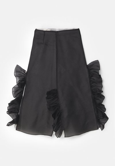 Czarna, przezroczysta spódnica z falbaniastymi akcentami po bokach. Ma prosty krój i gładką teksturę. Lekka i zwiewna konstrukcja.