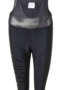 Zwarte fiets bibshorts met een netbovenkant, padding in het zadelgebied en een slank ontwerp met zijstrepen voor extra accentuering.