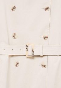 Beige trenchcoat met dubbele knoopsluiting, voorzien van gemarmerde knopen en een bijpassende riem met een rechthoekige gesp. Glad textiel.