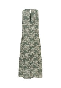 Robe verte sans manches avec broderie florale blanche, encolure en forme de trou de serrure et jupe midi fluide.