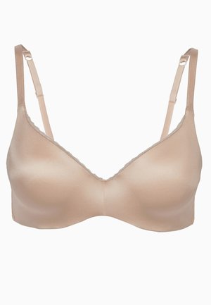 Bra beige con una finitura satinata liscia, coppe triangolari, spalline regolabili e bordi in pizzo. Design semplice e senza cuciture.