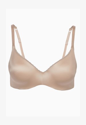 Bra beige con una finitura satinata liscia, coppe triangolari, spalline regolabili e bordi in pizzo. Design semplice e senza cuciture.