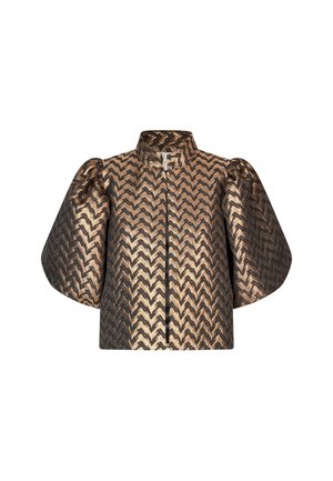 Kurzärmeliges Jackett in Gold und Schwarz mit einem Zickzackmuster, ausgestattet mit einem hohen Kragen und einem Reißverschluss auf der Vorderseite, aus texturiertem Stoff gefertigt.