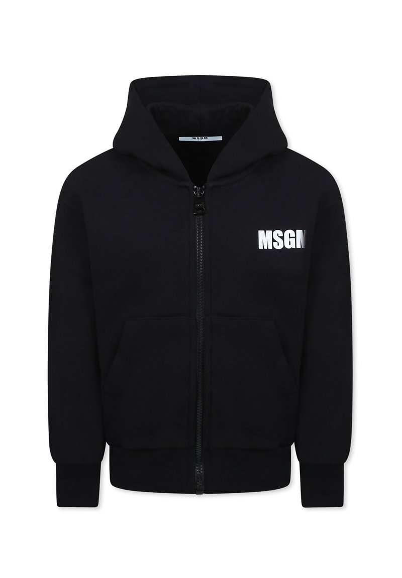 Felpa con cappuccio nera, con zip, realizzata in misto cotone, dotata di una tasca frontale e del logo bianco "MSGN" sul lato sinistro del petto.
