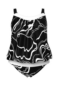 Costume da bagno tankini a due pezzi in bianco e nero con motivo astratto a linee ondulate e spalline regolabili.