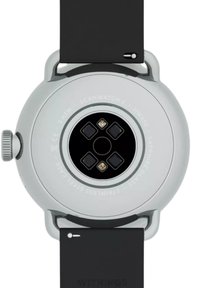 Edelstahl-Smartwatch mit einem Saphirglasboden, schwarzem Silikonarmband und Sensoren, die in einem kreisförmigen Muster angeordnet sind. Wasserabweisendes Design.