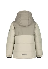 Cazadora acolchada beige con capucha, que presenta un esquema de color dividido en tonos claros y oscuros, textura acolchada y puños elásticos.