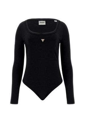Black long-sleeve bodysuit with square neckline and small triangular Guess logo on front center.