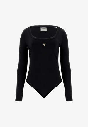 Black long-sleeve bodysuit with square neckline and small triangular Guess logo on front center.