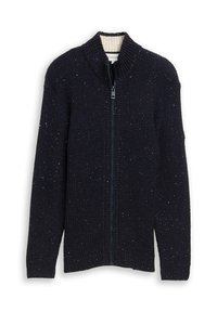 Donkerblauwe ritstrui met ribbeltextuur en kleurvlekken. Heeft een hoge kraag en zijnaden voor een getailleerde pasvorm.