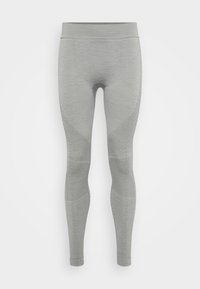 Leggings cinzentos texturizados com um cós alto. Apresenta padrões de malha variados nas pernas, incluindo detalhes em rede e punhos ajustados.