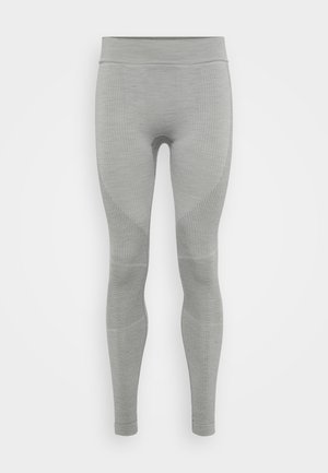 Gray textured leggings with a high waistband. Features varying knit patterns on the legs, including mesh accents and fitted cuffs.