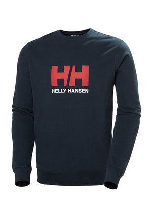 Sweat-shirt bleu marine en coton doux, arborant un grand logo "HH" rouge et blanc ainsi que le texte "HELLY HANSEN" sur le devant. Manches longues, col rond.