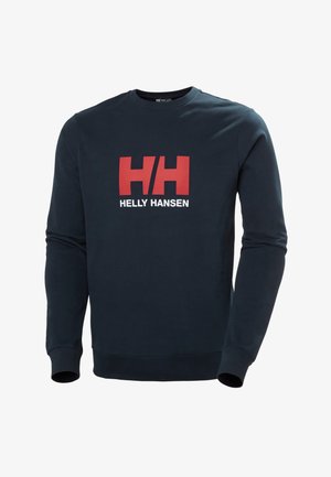 Sudadera azul marino de algodón suave, con un gran logo "HH" rojo y blanco y el texto "HELLY HANSEN" en el frente. Manga larga, cuello redondo.