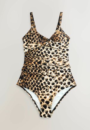 Yhden palan uima-asu, jossa on leopardikuosiset kuvioinnit ruskean, mustan ja kerman sävyissä, säädettävillä olkaimilla ja teksturoidulla kankaalla.