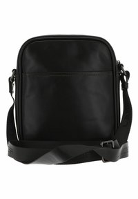 Borsa a tracolla in pelle nera con forma quadrata, caratterizzata da una finitura lucida, cuciture in contrasto e una tracolla regolabile con dettagli in rilievo.