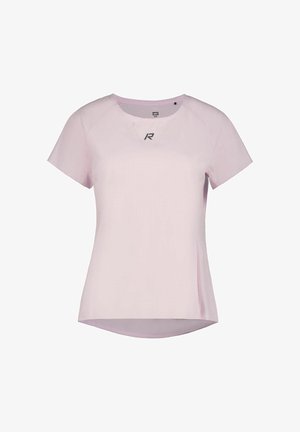 Hellrosa kurzärmeliges Sportshirt mit rundem Ausschnitt und kleinem schwarzem Logo zentriert unter dem Kragen.
