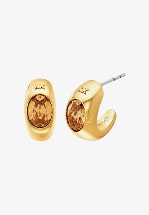 Pendientes de aro dorados con cristales ovalados de color naranja claro. Presentan un acabado brillante y un logotipo grabado. Cierre de palanca con herrajes seguros.