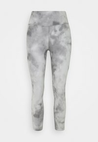 Grijze leggings met een wolkachtig patroon, voorzien van een hoge tailleband en een gladde, rekbare stof. Verkorte lengte tot halverwege de kuit.