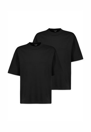 Zwei schlichte schwarze T-Shirts mit kurzen Ärmeln und Rundhalsausschnitt, übereinandergelegt vor weißem Hintergrund.