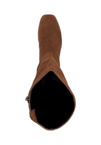 Brown suede knee-high boot with a square toe and a smooth texture; interior lined with black material; zipper closure on the outer side.