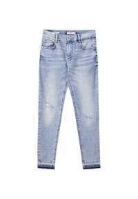 Jeans en denim bleu clair avec des détails usés, design ajusté, taille mi-haute, et jambes fuselées présentant un léger délavage et des ourlets retroussés.