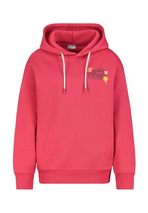 Pink hooded sweatshirt made of cotton blend. Features a front graphic with floral designs, adjustable drawstrings, and ribbed cuffs.