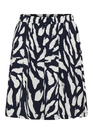 Jupe plissée noire et blanche avec un motif abstrait imprimé animal et une taille élastique.