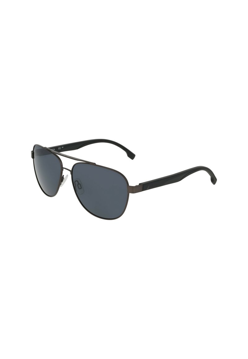 Occhiali da sole aviator neri con lenti grigie scure, caratterizzati da una montatura elegante e cuscinetti nasali imbottiti. Le aste hanno una finitura opaca.