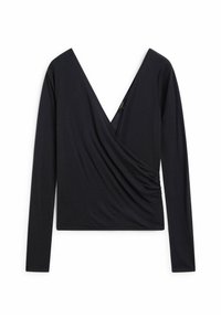 Czarny top z długim rękawem i głębokim dekoltem w kształcie litery V, z marszczeniami po jednej stronie, wykonany z miękkiego, elastycznego materiału. Gładka faktura i dopasowany krój.