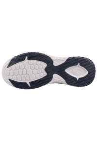 Schuhsohle mit weißem Untergrund, ausgestattet mit einem strukturierten navy-blauen Gummigrip, einem Wabenmuster und einem zentralen Emblem.