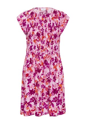 Blommig klänning med en rosa bakgrund och mönster av lila, orange och röda blommor, korta ärmar och en rynkad midjedesign.